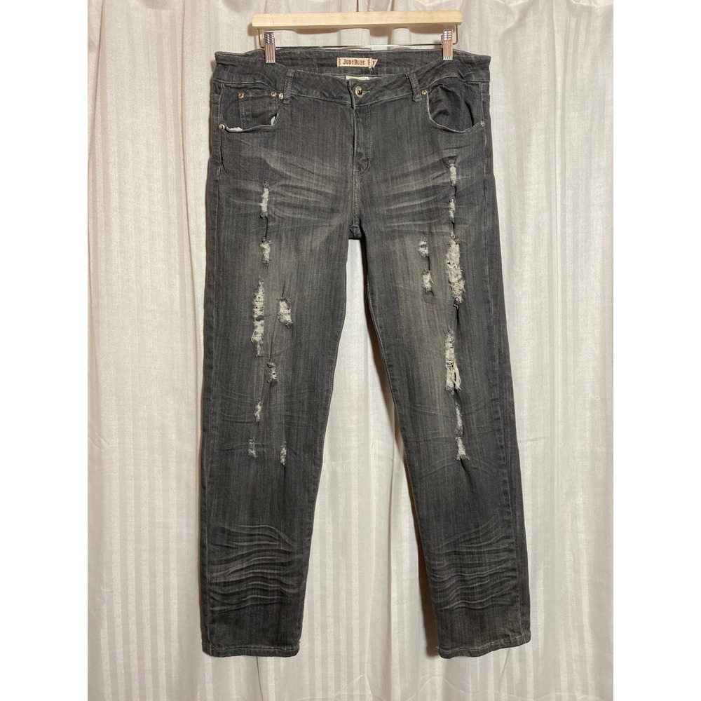 Judy Blue Womens 1XL Distressed Gray Straight Leg Jeans Charcoal Denim *Read*